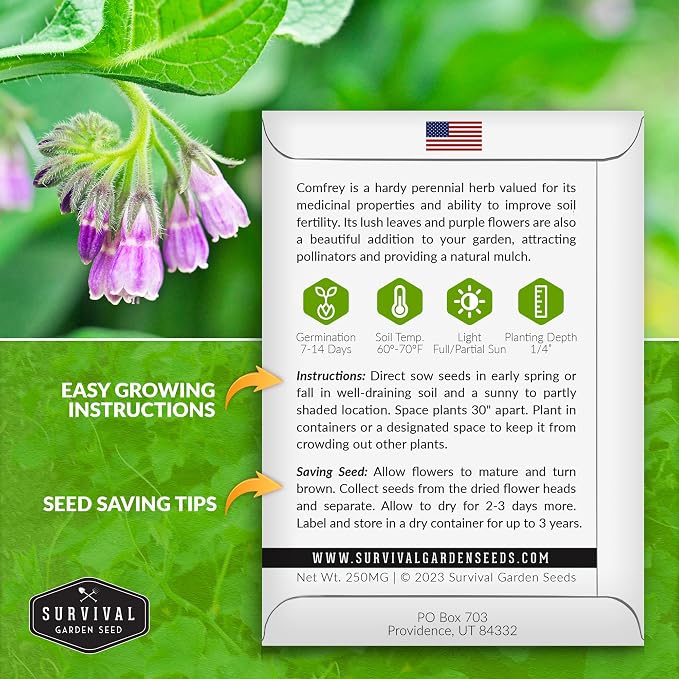 Comfrey Seeds for Planting - Symphytum Officinale Medicinal Perennial Herb for Compost Tea & Natural Skincare - True Slippery Root Non-GMO Heirloom - Survival Garden Seeds (3 Pack)