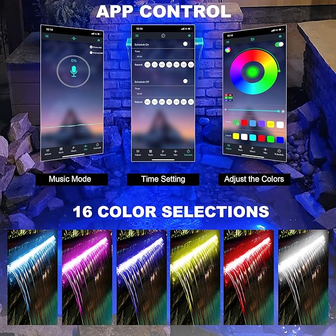 PONDO Pool Waterfall 24" APP with 16 Colors LED Lights, Stainless Steel Pond Fountain Set for Outdoor Decorations, Patio Waterfall Spillway Kit on The Wall for Garden, Easy Installation