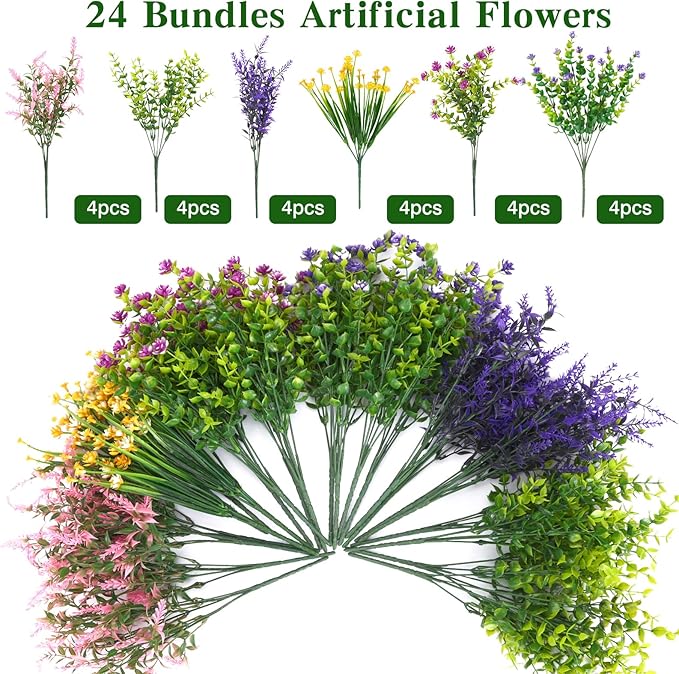 CEWOR 24 Bundles Artificial Flowers for Outdoor Indoor, Fake Silk Multiple Color Flowers, Faux Flower for Garden Front Door Porch Planter Patio Home Decor (Purple Fuchsia Pink Yellow)