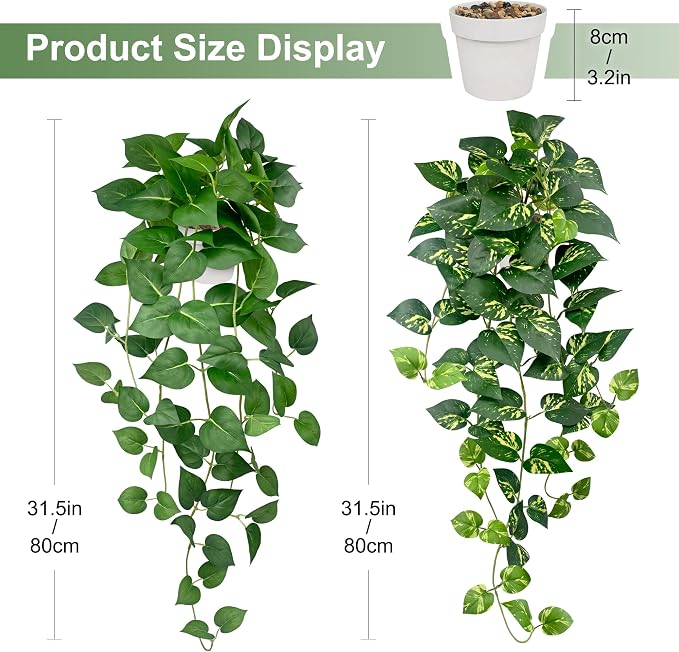 Artificial Hanging Plants with White Pots –2 Pack Fake Pothos Potted Plants Faux Ivy Vines 31.5‘’, Realistic Greenery Hanging Fakeplants Indoor for Home Decor, Bedroom, Bathroom, Office, Living Room