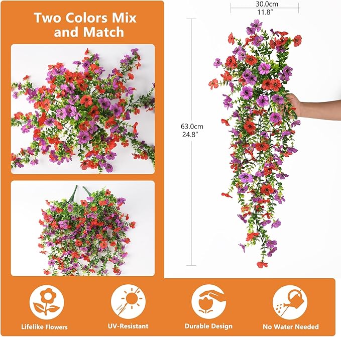 Artificial Hanging Flowers for Outdoors, 2 Pcs Fake Hanging Plant Spring Summer Decor, UV Resistant No Fade Faux Silk Daisy Flower for Planter Front Door Porch Patio Yard Garden(Red Purple)
