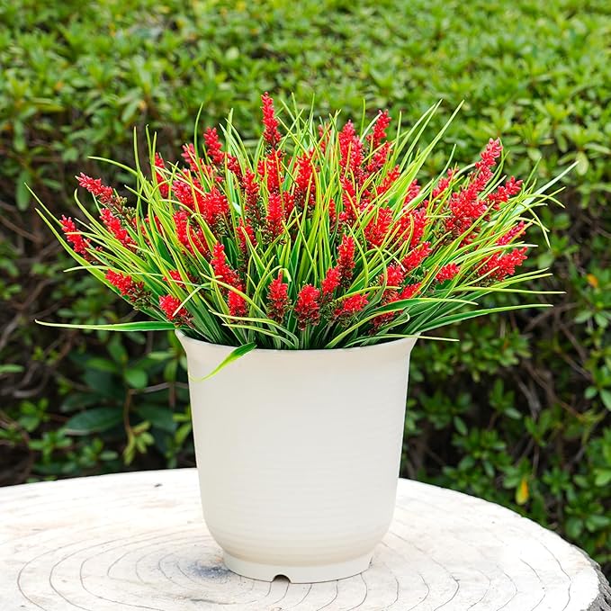 20 Bundles Artificial Plants Outdoor, UV Resistant Fake Flowers， Realistic Faux Lavender Shrubs for Porch Garden Window Box Home Decoration (Red)