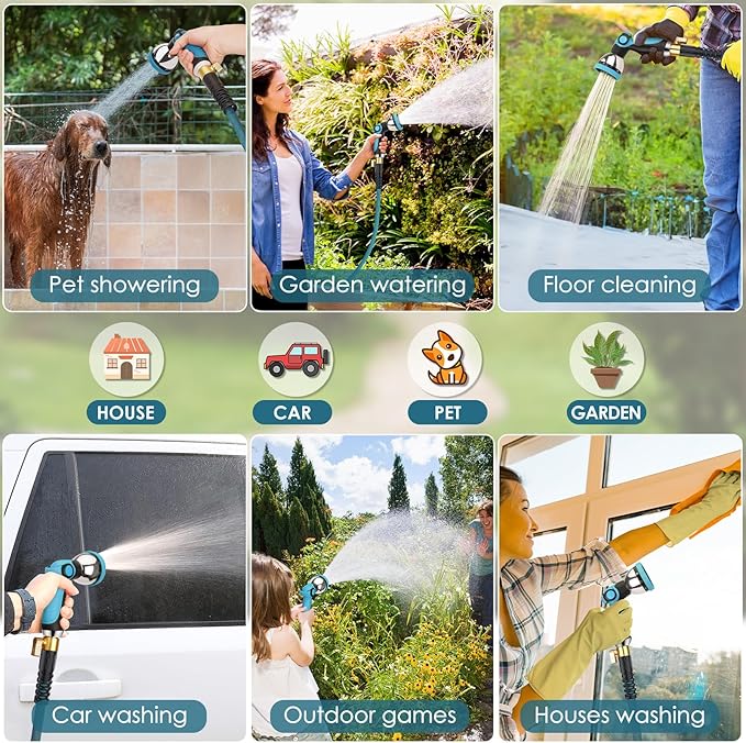 NON-EXPANDABLE Garden Hose 150 ft, Ultra Lightweight Flexible Water Hose with 10-Pattern Nozzle & Shut-Off Valve, Holder, Leakproof & Kink-Resistant Reinforced Fittings for Yard Outdoor