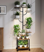 Plant Stand Indoor with Grow Lights - 9-Tier Plant Stand with Wheels, Tall Metal and Wood Indoor Plant Shelf with Tree Design, Rolling Flower Pot Holder Rack with Waterproof Finish, Adjustable Display Stand for Home Garden, Patio, 62" Tall