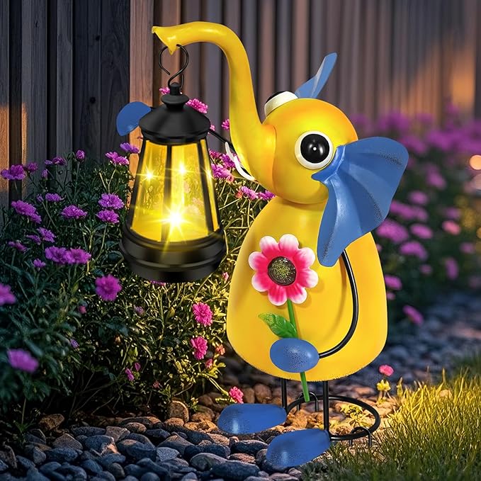 Solar Garden Lights Elephant Statue with Solar Lantern Lights,14.17in Tall Elephant Decor,Birthday Gifts for Women Mom Grandma,Big Metal Decorative Outdoor Figurine for Home Yard Art Patio,Porch,Lawn