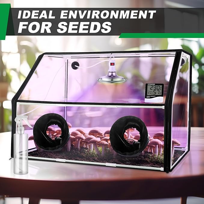 Meonum Large Still Air Box Mushroom Grow Tent, 30x20x20 in Mycology Fume Hood Propagation Stations with LED Growing Light and Thermometer, Monotub Kit for Grow Bags, Growers, Home Scientists(Clear)