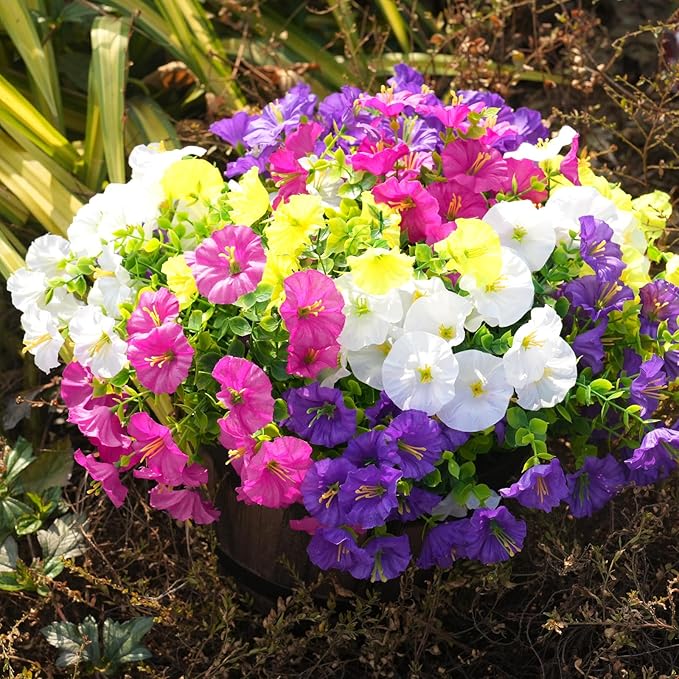 Fanfantoey Artificial Flowers for Outdoor, UV Resistant Fake Plants Outside Decoration, 14 Pcs Realistic Silk Morning Glory Faux Flowers for Porch Patio Gardens Home Decor(14, 4 Mixed)