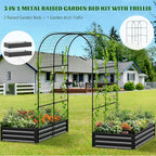 3 in 1 Galvanized Raised Garden Bed with 87" H Arch Trellis for Climbing Plants, Outdoor Gardening Planter Box with Climbing Net for Flower Vegetables Fruits Herbs, Black