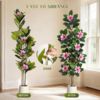 GarveeHome Faux Rubber Tree, 72 Inch Artificial Plants Indoor with Real Touch Leaves and Multi Trunks, Artificial Tree Fake Potted Plants with Pink Flowers for Home Decor Office Living Room
