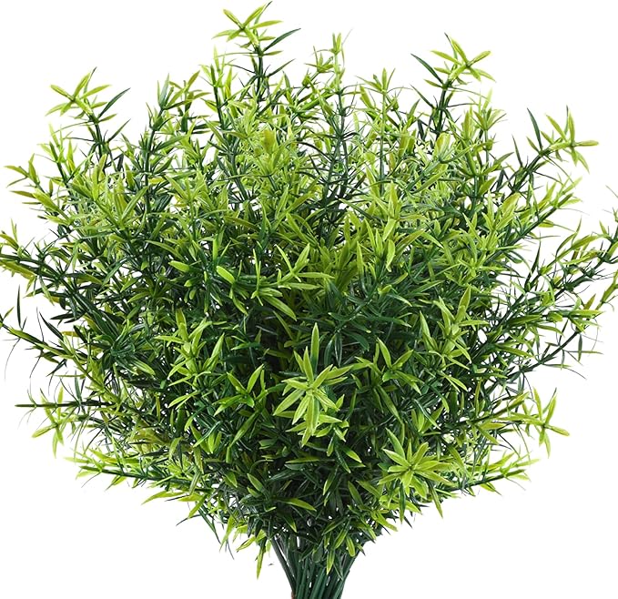 CEWOR 12 Bundles Artificial Plants Greenery Outdoor UV Resistant Faux Grass Shrubs Fake Rosemary for Wedding Decoration Farmhouse Garden Porch Window Patio Planter Indoor