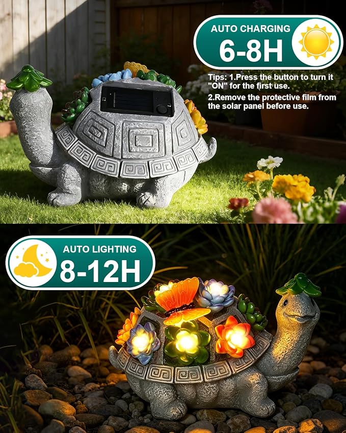 7 Inch Solar Turtle Garden Statue with Butterfly, Succulent & LED Lights, Lawn Ornament for Yard Patio Porch Balcony, Outdoor Decor Figurine - Gifts for Mom Grandma Women