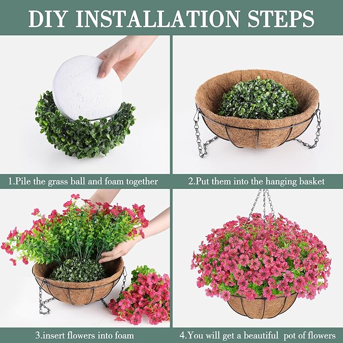 Artificial Flowers Hanging Plants in Basket,Artificial Hanging Flowers for Spring Outdoor Indoor Decor,UV Resistant hanging Baskets with Fake Flowers for Summer Patio Garden Porch Deck Home Decor