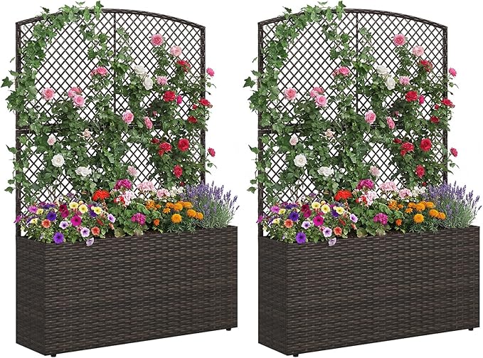 Happygrill Raised Garden Bed with Trellis, 58" Wicker Planter Box with Privacy Screen, Liner, Drainage for Patio Balcony, Outdoor PE Rattan Elevated Garden Bed for Climbing Plant Vine Flower (Brown,2)