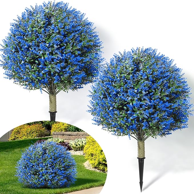 Lunmon 2 Pack 24" Artificial Topiary Ball Plants Trees with Flowers, Outdoor Fake Topiary Plants with Ground Spike, UV Resistant Faux Bushes for Indoor Outdoor Front Door Decor(Blue,Lavender)
