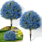Lunmon 2 Pack 24" Artificial Topiary Ball Plants Trees with Flowers, Outdoor Fake Topiary Plants with Ground Spike, UV Resistant Faux Bushes for Indoor Outdoor Front Door Decor(Blue,Lavender)
