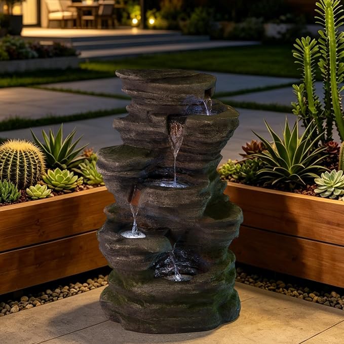 Solarbloom Water Fountain Outdoor/Indoor, 5-Tier Spiral Cascading Stacked Waterfall Fountain, Freestanding Resin Water Feature for Patio, Garden, Backyard, Deck