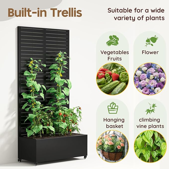 Metal Planter Box with Trellis,72"x35"x15",Galvanized Raised Garden Bed Trellis Outdoor Planter with Privacy Screen & Wheels and Drainage Holes,for Patio Climbing Vegetables,Flowers,Vines,Black