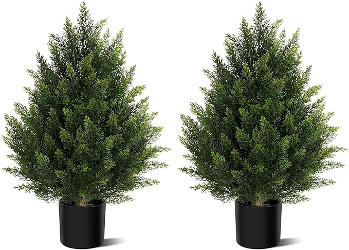 Vitalismo Outdoor Artificial Cedar Topiary Tree, Faux Evergreen Shrubs for Front Porch Decor, Lifelike Fake Bushes Plants for Home Living Room Front Door Decor (2, 2ft)