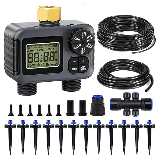 HIRALIY 50FT Drip Irrigation Kit with Garden Water Timer-2 Zone, Automatic Garden Watering System for Raised Bed, Quick Connect Design, Irrigation System for Plant Patio