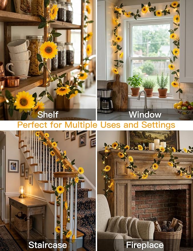 suddus Artificial Sunflower Garland with 60 LED Fairy Lights, Vines with String Lights Battery Operated, Flower Hanging Lights for Indoor, Outdoor, Bedroom, Wedding, Wall, Party (Warm White)