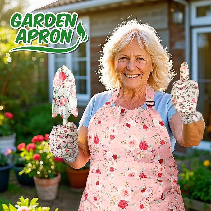 Gardening Gifts for Women, Gardening Tools for Mom Grandma Wife, Garden Tools with Hand Fork Trowel Gloves Apron, Gardening Supplies Kit Birthday Present Pink