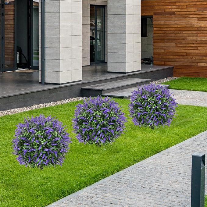 FAJUNZH Artificial Topiary Bushes for Outdoors with Spike, Boxwood Ball Fake Shrubs UV Resistant Faux Plants for Indoor Outdoor Fall Thanksgiving Halloween Decor (Lavender Boxwood Purple-2 Packs)