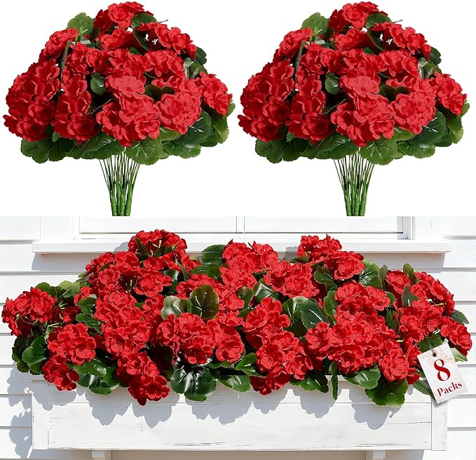 Alupssuc 8Pcs Artificial Geranium Flowers for Outdoors Decoration Silk Floral, UV Resistant Fake Plants, Faux Flower for Porch Garden Table Centerpieces Home Indoor Outside Spring Decor(8, Red)