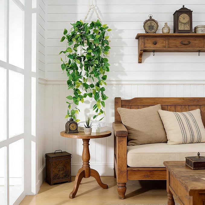Fake Hanging Plants 2pcs Artificial Hanging Plant for Indoor Outdoor Faux Pothos Vines Greenery Garlands for Wall Home Aesthetic Patio Kitchen Living Room Farmhouse Shelf Office Decor (No Baskets)