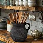 Potchen Rustic Kitchen Utensil Holder with Handle,7.48" H Ceramic Vintage Utensil Crock for Countertop, Farmhouse Kitchen Decoration Ceramic Pot for Spatulas Spoons Tongs(Classic,Antique Black Gold)