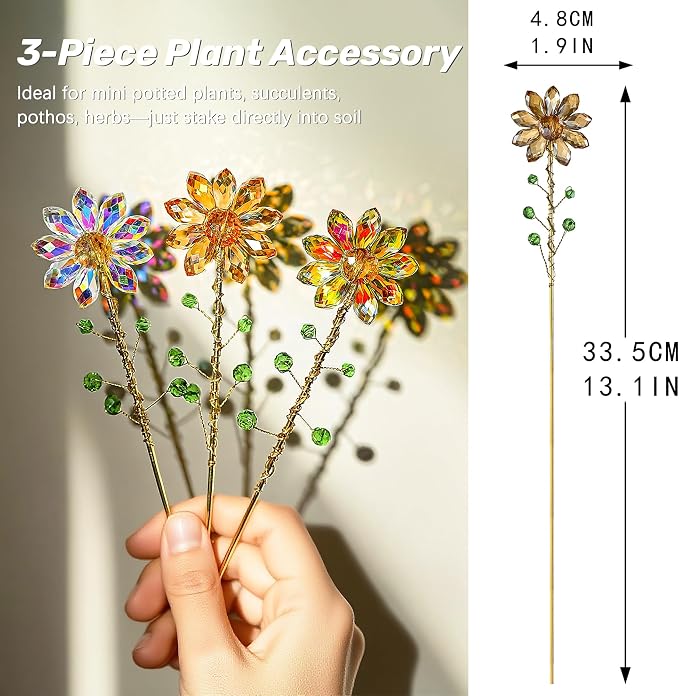 H&D HYALINE & DORA 3 Pcs Crystal Sunflower Suncatchers with 13'' Gold Trellis Metal Plant Stake for Indoor Outdoor Garden Potted Plants Decorations Plant Lover Gift(Ab, Red, Amber)