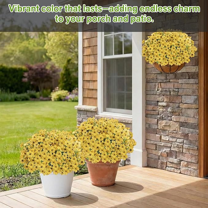 Artificial Flowers Fake Plants for Outdoors Spring Decoration, 13Bundles Silk Realistic UV Resistant Faux Flowers for Outside Planter Porch Yard Patio Garden Home Indoor, Yellow