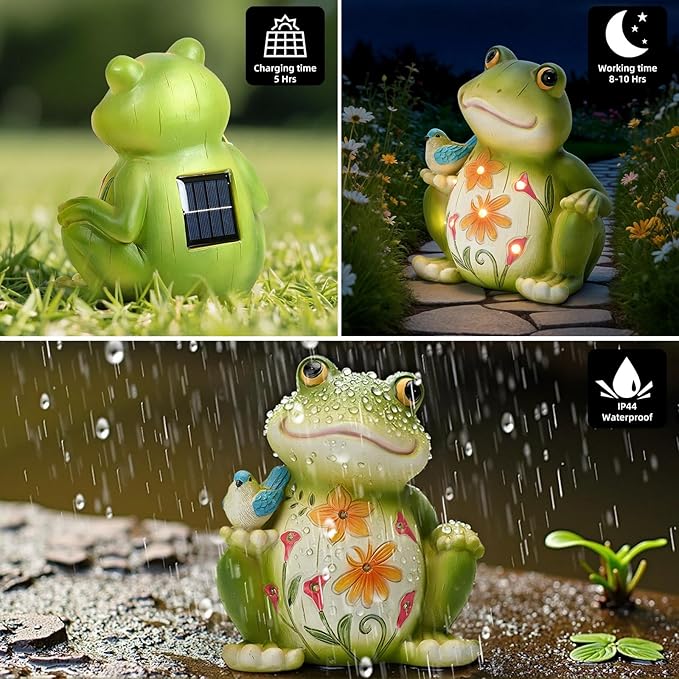 Solar Garden Frog Decor Outdoor Statue - Frog with LED Waterproof Sculptures Lights, Cute Pond/Yard Statues Outside Decoration, Home, Lawn, Patio, Resin Animal Ornament, Women/Gardening Gift
