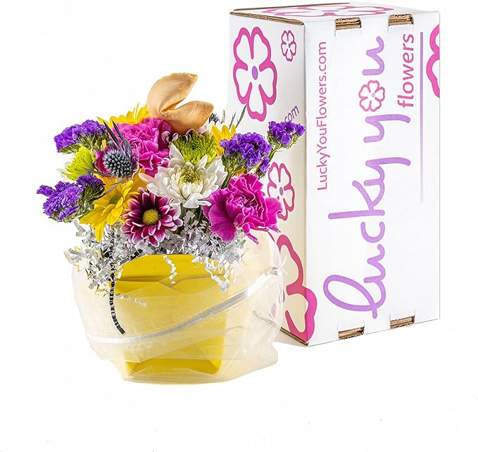 Spring Fresh Cut Live Flowers Arranged in a Takeout Container with Your Personal Message Tucked Inside a Fortune Cookie