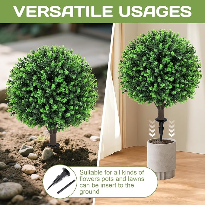 Artificial Green Eucalyptus Topiary Ball Tree 24" with Ground Spike, Set of 2 Artificial Boxwood Bushes for Faux Shrubs, Fake Evergreen Faux Plant for Indoor Outdoor Garden -UV Resistant–Fade-Proof