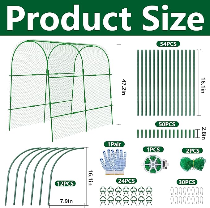 codree 2 Packs Garden Cucumber Trellis for Plant- 47 x 47 Inch Metal Arch Melon Trellis for Raised Bed- Foldable Tunnel Trellis with Climbing Net Clips for Growing Vine Vegetable