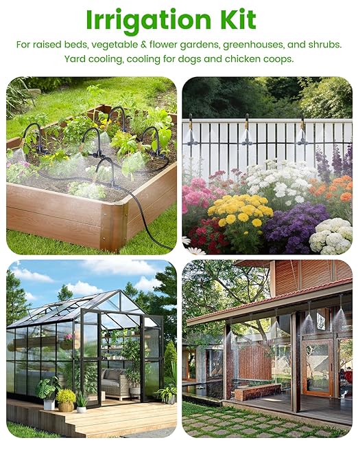 120FT Drip Irrigation System for Garden with 18 Nozzles –360° Adjustable Misting Nozzles, Quick-Connect Design, Ideal for Raised Beds, Lawns, Greenhouses & Outdoor Cooling