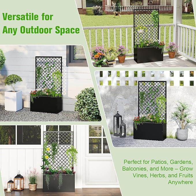 MOTION Outdoor Raised Garden Bed with Trellis - Free Standing Planter for Hanging Flower Baskets Lattice Planter Boxes, Black