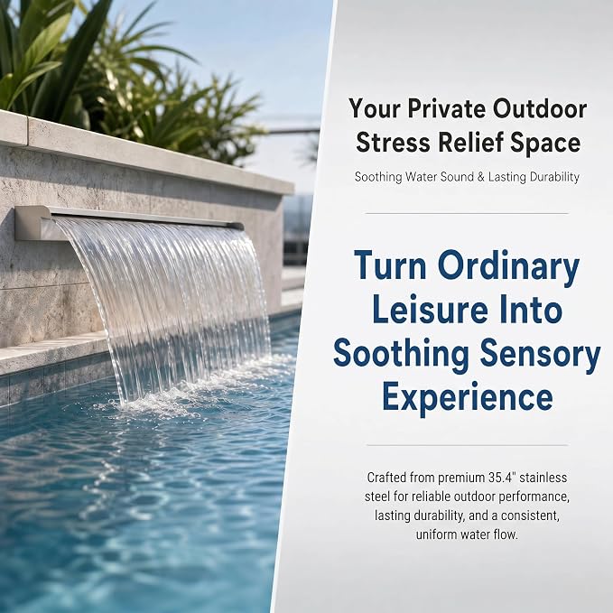 Stainless Steel Pool Fountain Waterfall Sheer Descent, 35.4 Inches Spillway for Swimming Pool, Outdoor Garden Pond, Patio & Backyard Water Feature Decoration(35.4")