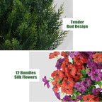 Artificial Topiary Cedar Trees 5FT Tall 2 Set with 12 Bundles Faux Silk Flowers, Outdoor Indoor Faux Pine Shrubs Plants, Fake Bushes Plants for Home Front Porch Door Patio