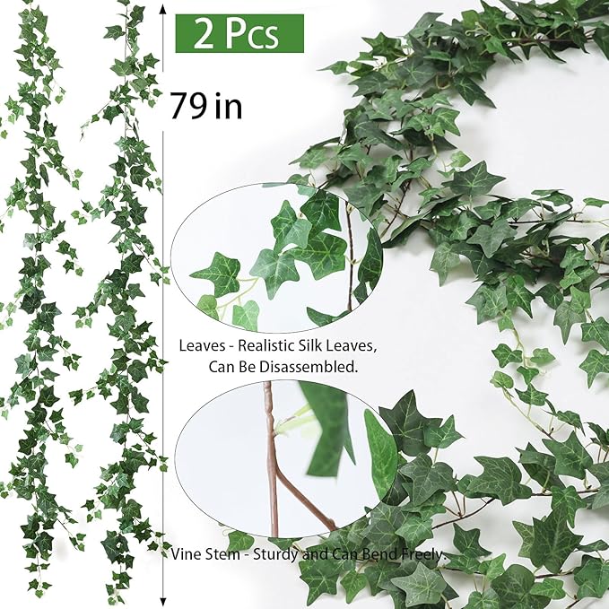 Mizii 2 Strands Artificial Vines Ivy Garland 79" Fake Vine with Silk Green Leaves Faux Hanging Plants Greenery Decoration for Outdoors Party Wedding Indoor Mantle Bedroom Home Decor (Ivy)