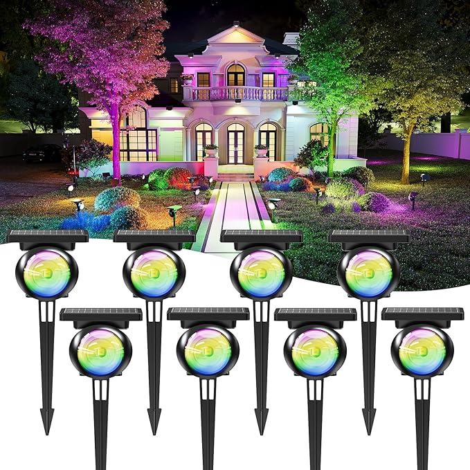 Monocular Solar Spot Lights Outdoor Waterproof, RGB+3CCT Solar Tree Spotlight, Bright Solar Uplights for Halloween Decorations Outdoor, Multicolor Garden Yard Landscape Path Lights [8Pack]