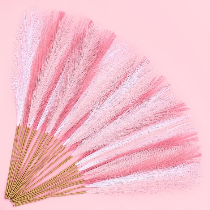 SeptCat 30 Pcs Pink White Pampas Grass Decor: 21.7" Fluffy Faux Small Pampas Grass Artificial Flower Vase Filler for Home Wedding Living Room Wall Party Decoration
