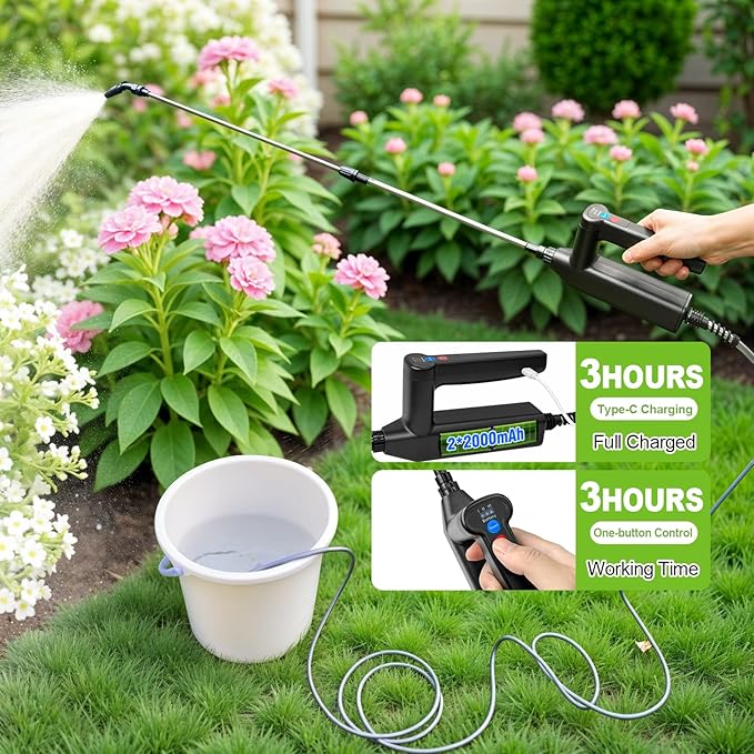Battery Powered Sprayer Wand, 32 Inch Garden Sprayer Telescopic Wand with 3 Adjustable Speeds, Battery Indicator, 26.2 FT Hose, 7.4V Rechargeable Water Sprayer Wand with 4 Adjustable Nozzles & Filter