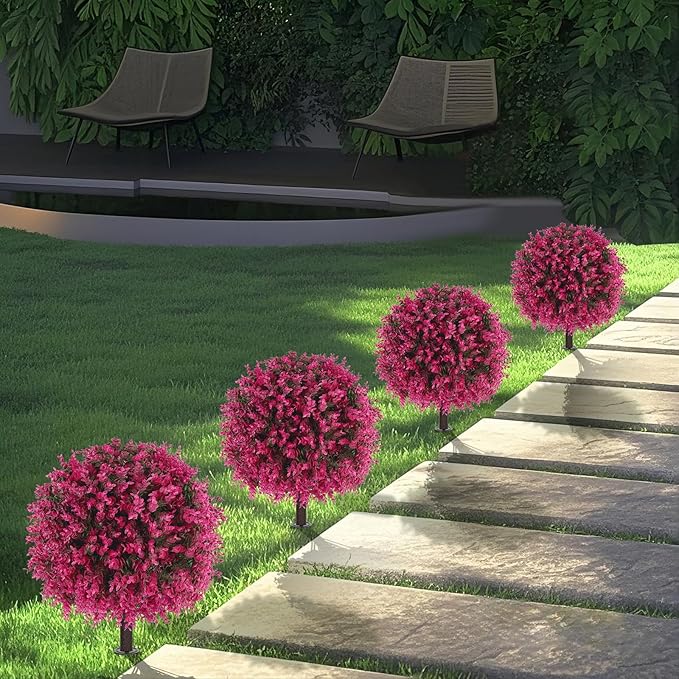 Grooy Artificial Topiary Tree with Pink Eucalyptus, Set of 2 Artificial Shrub Bushes with Ground Spike, Fake Evergreen Tree for Porch, Artificial Plants for Outdoor Planters Indoor UV Resist