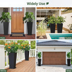 Tall Planters 28" H - 2 Pack, Tapered Pots with Drainage Insert Shelve & Trays, Metal Outdoor Planter Box for Porch, Garden, Patio, Yard (Black)