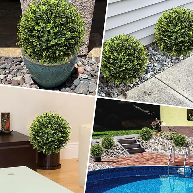Artificial Topiary Trees Outdoor 2 Pack, 24.5" Boxwood Ball Faux Plants with Stakes, UV Resistant Fake Evergreen Shrubs for Front Porch Planters Garden Spring Decor-Green