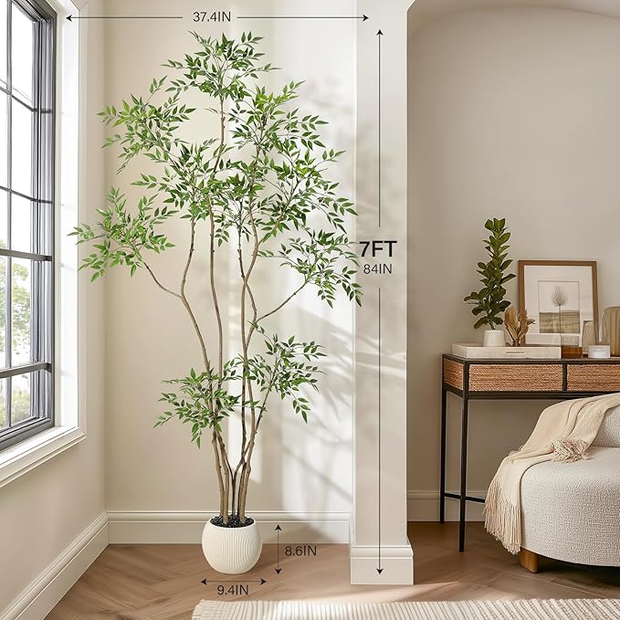 GarveeHome Artificial Plants Indoor,7 ft Tall Faux Floor Plant in Pot, Nandina Artificial Tree with White Planter for Home Decor Office Living Room