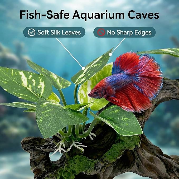 Aquarium Decorations Cave Silk Aquarium Plants Betta Fish Tank Decor Ornament, Soft & Safe Fish Tank Accessories, Goldfish Bowl Decor Artificial Driftwood