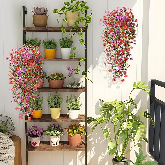 Artificial Hanging Flowers Plants for Outdoor Spring Summer Decoration,2PCS Faux Silk Daisy UV Resistant Look Real for Outside Home Indoor Planter Porch Window Yard Decor(Red Purple)
