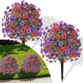 Alupssuc 2Pcs 20" Artificial Topiary Ball Flowers, Spring Outdoor Decoration with Spike, UV Resistant Faux Summer Plants, Faux Bushes Plants, Red Brown Purple Deep Purple for Garden, Porch Decor